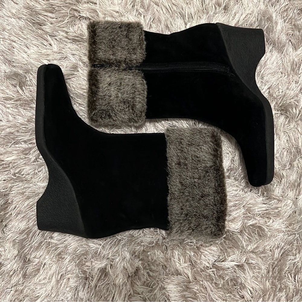 Aerosoles Black Faux Fur Trim Wedge Boots